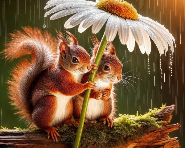 Squirrels Sheltered Under Daisy During Gentle Rain