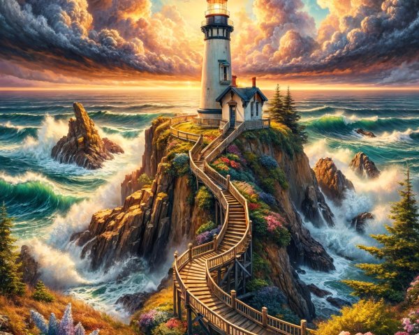 Lighthouse on Cliff with Waves and Sunset Sky