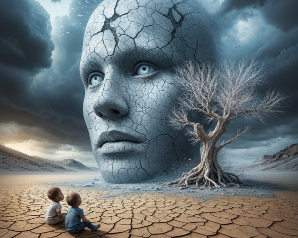 Children in Barren Landscape with Colossal Face