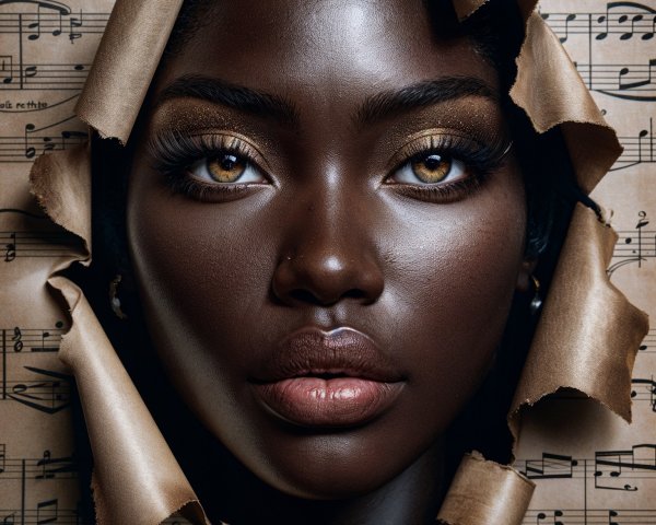 Close-Up of Young Woman with Musical Notes Background