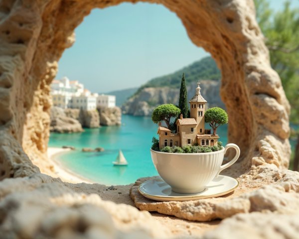 Miniature House in Teacup Surrounded by Nature