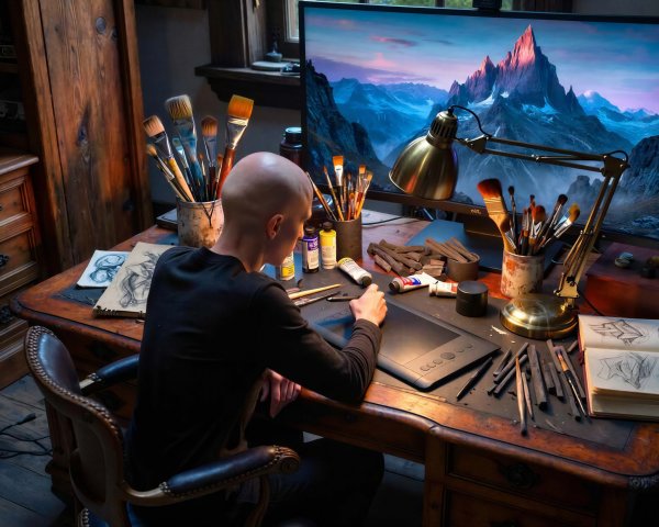 Bald man drawing at a cluttered wooden desk