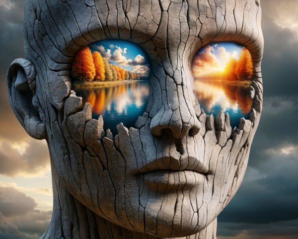 Surreal Stone Figure with Hollow Eyes and Landscapes