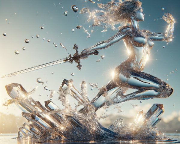 Warrior Figure in Shimmering Water on Crystalline Surface