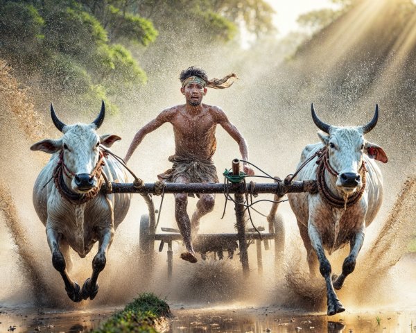 Farmer Plowing a Muddy Field with White Oxen