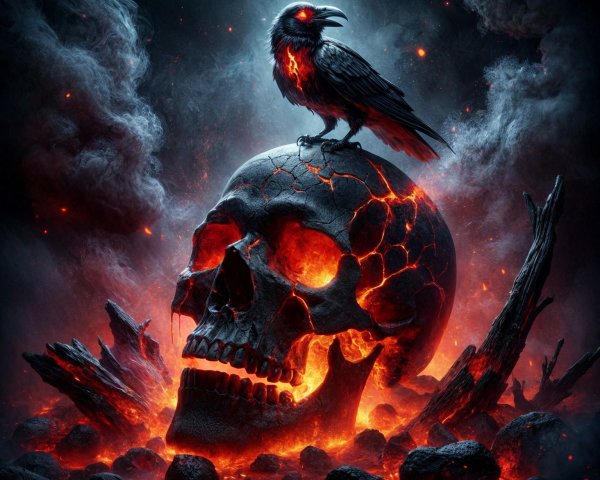 Dramatic Scene with Cracked Skull and Fiery Lava