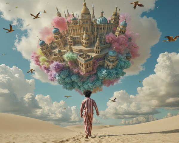 Striped Pajamas Figure in Desert Under Floating City