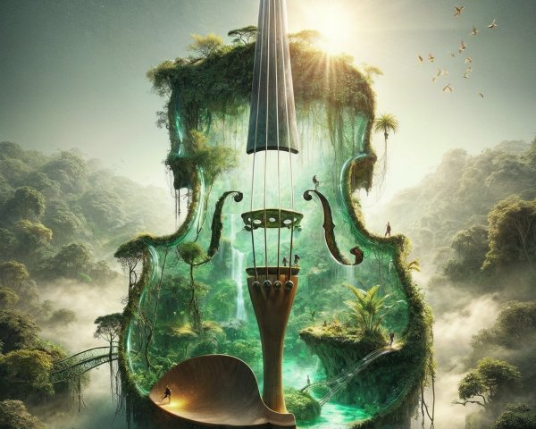 Giant Violin in Lush Jungle with Waterfalls and Wildlife