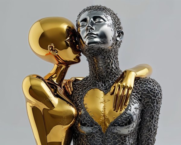 Humanoid Figures in Gold and Silver Embrace with Heart Cut-Out