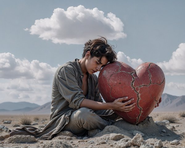 Young person with cracked red heart in barren landscape