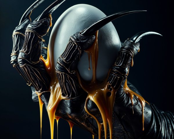 Sinister Hand Holding Glossy Egg with Golden Substance