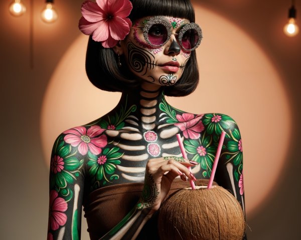 Colorful Sugar Skull Body Paint with Floral Patterns