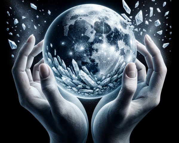 Silver Hands Cradling Translucent Orb with Ice Fragments