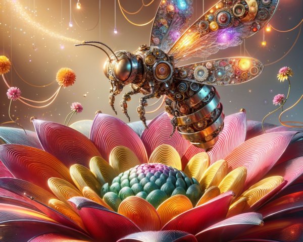 Steampunk Scene with Metallic Bee and Colorful Flower