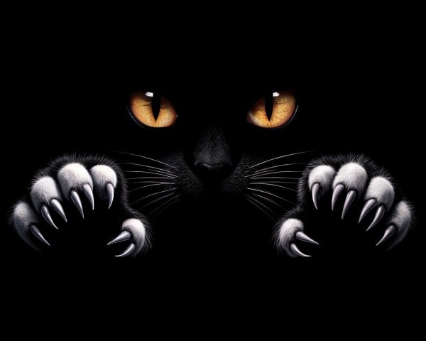 Close-up of a cat's face with amber eyes and claws