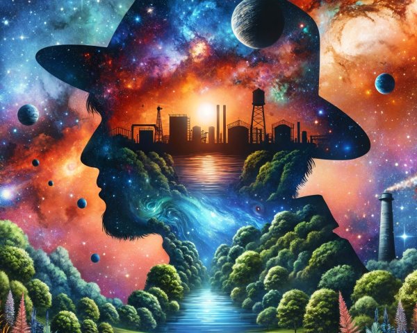 Cosmic Silhouette of a Man with Nature and Industry