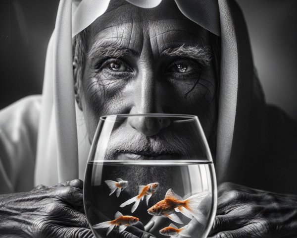 Elderly Man Reflecting on Goldfish in Black and White