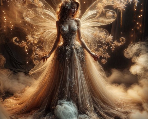 Graceful figure in intricate gown with ethereal wings