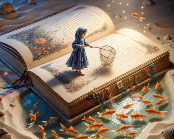 Young Girl in Blue Dress on Oversized Book Scene