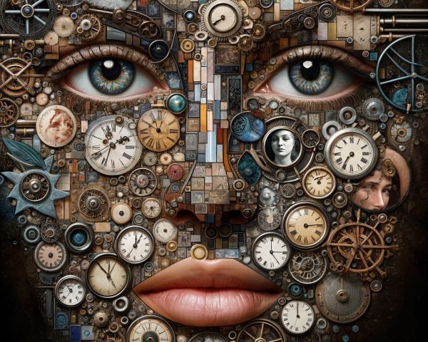 Surreal Face Made of Mechanical Components and Timepieces