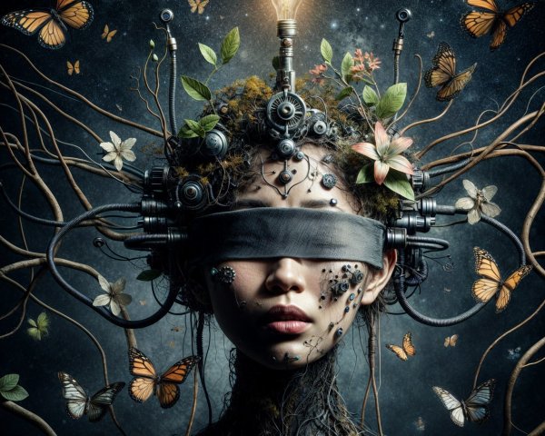 Woman with Blindfold Surrounded by Nature and Technology