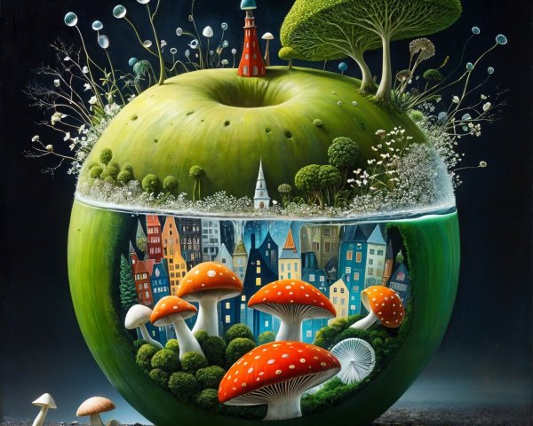 Surreal Green Apple Ecosystem with Vibrant Details