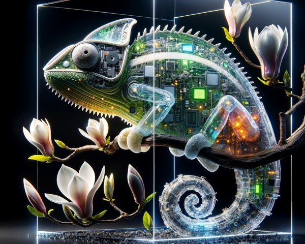 Futuristic Chameleon with Circuitry in Glass Cube