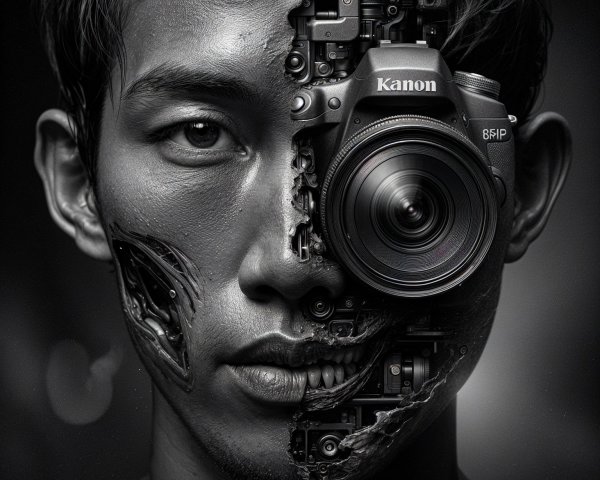 Portrait of a Man Blending Human and Robotic Features