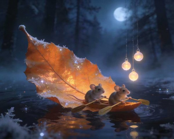 Mice in Leaf Boat on Moonlit Water Scene