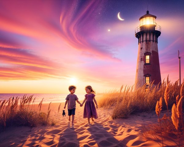 Children Walking on Beach at Sunset with Lighthouse