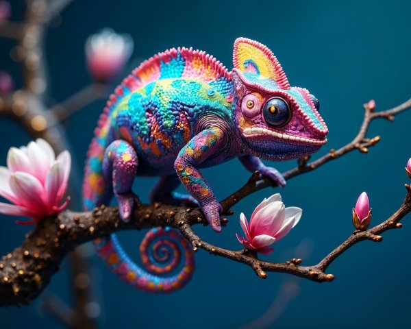 Vibrant Chameleon on Branch with Pink Blossoms