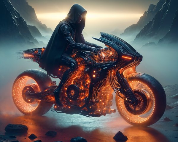 Futuristic Figure on High-Tech Motorcycle in Dark Landscape