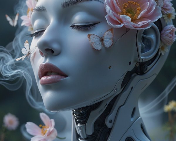 Humanoid Robot Surrounded by Flowers and Butterflies