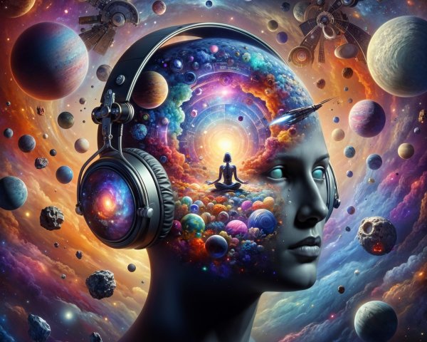 Humanoid Head with Headphones in Cosmic Landscape