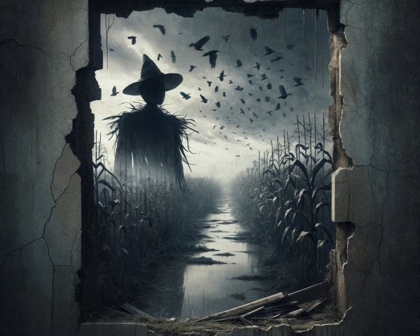 Eerie Scene with Scarecrow in Desolate Landscape