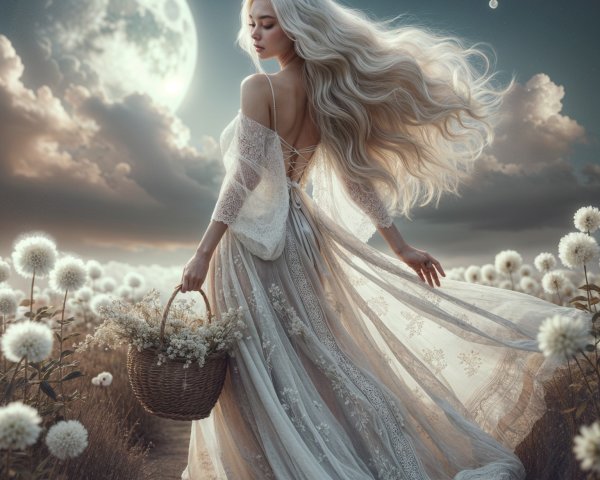 Serene Woman in Dandelion Field Under Moonlight