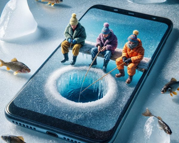 Smartphone on Ice with Winter Fishing Scene Displayed