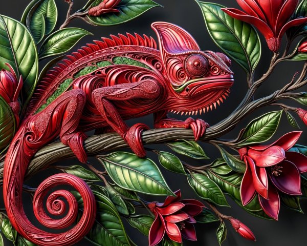 Chameleon on Branch Amidst Green Leaves and Red Flowers