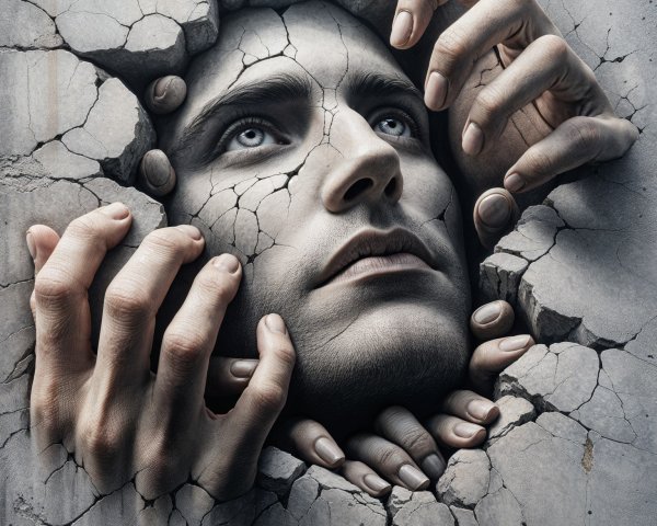Man's Face Emerging from Cracked Wall Symbolizing Struggle