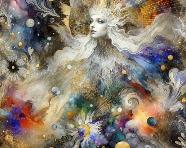Ethereal Figure in Cosmic Landscape with Gold Accents