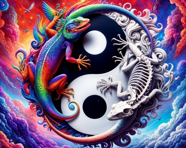 Vibrant Yin-Yang Symbol with Cosmic Lizard Elements