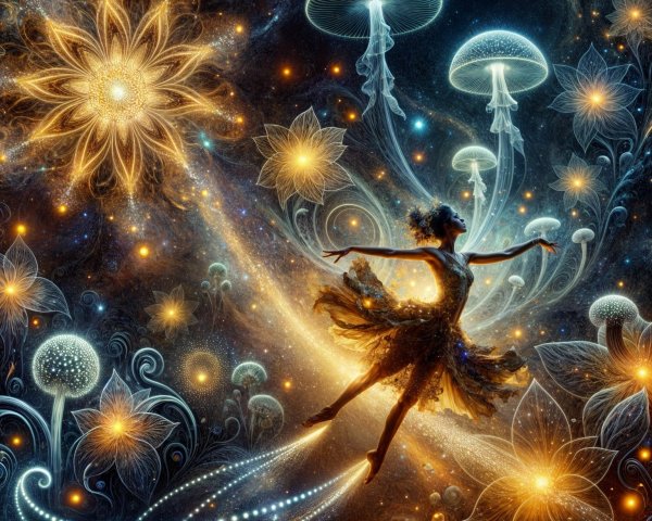 Cosmic Dance with Luminous Flowers and Jellyfish