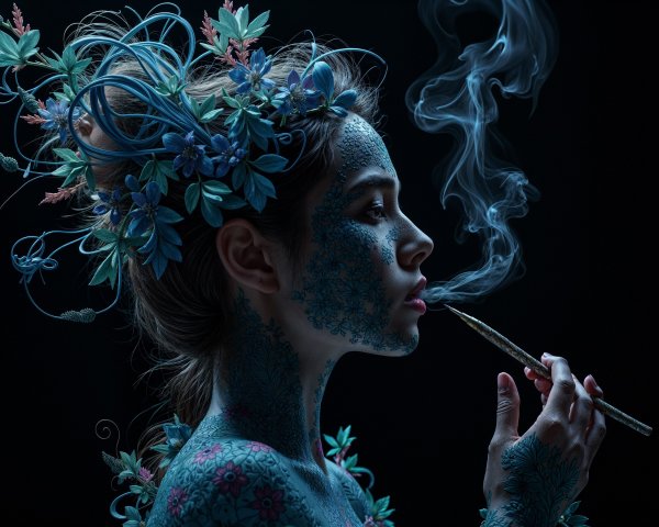 Profile of a Woman with Floral Body Paint and Smoke