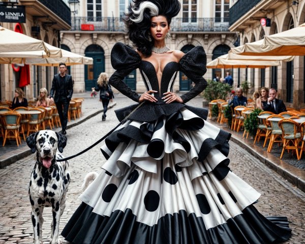 Fashionable Woman in Polka Dot Gown with Dalmatian