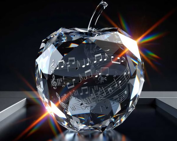 Faceted Glass Apple with Musical Notes and Reflections