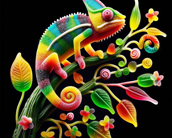 Rainbow-striped gummy chameleon on textured candy branch
