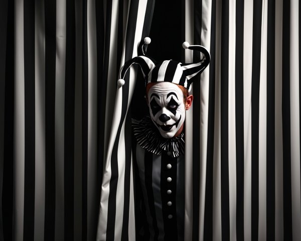 Clown with Dramatic Makeup Behind Striped Curtains