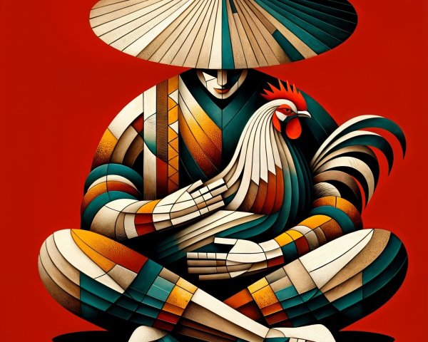 Stylized Figure with Rooster in Vibrant Red Background