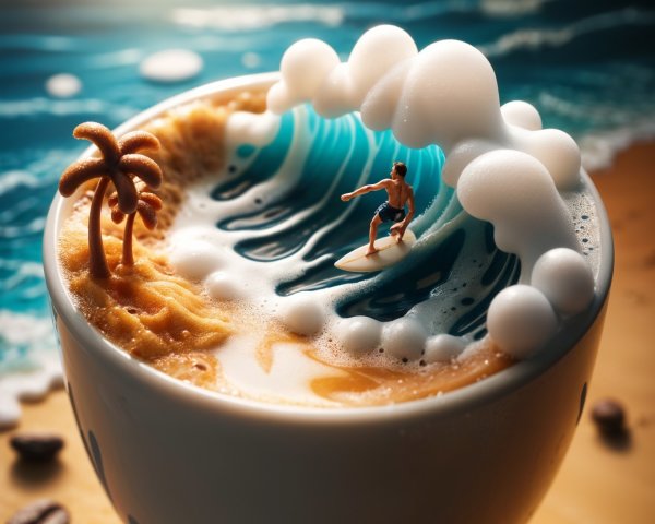 Miniature Surfer Scene on Coffee Cup Foam