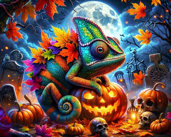 Chameleon on Pumpkin in Spooky Graveyard Scene